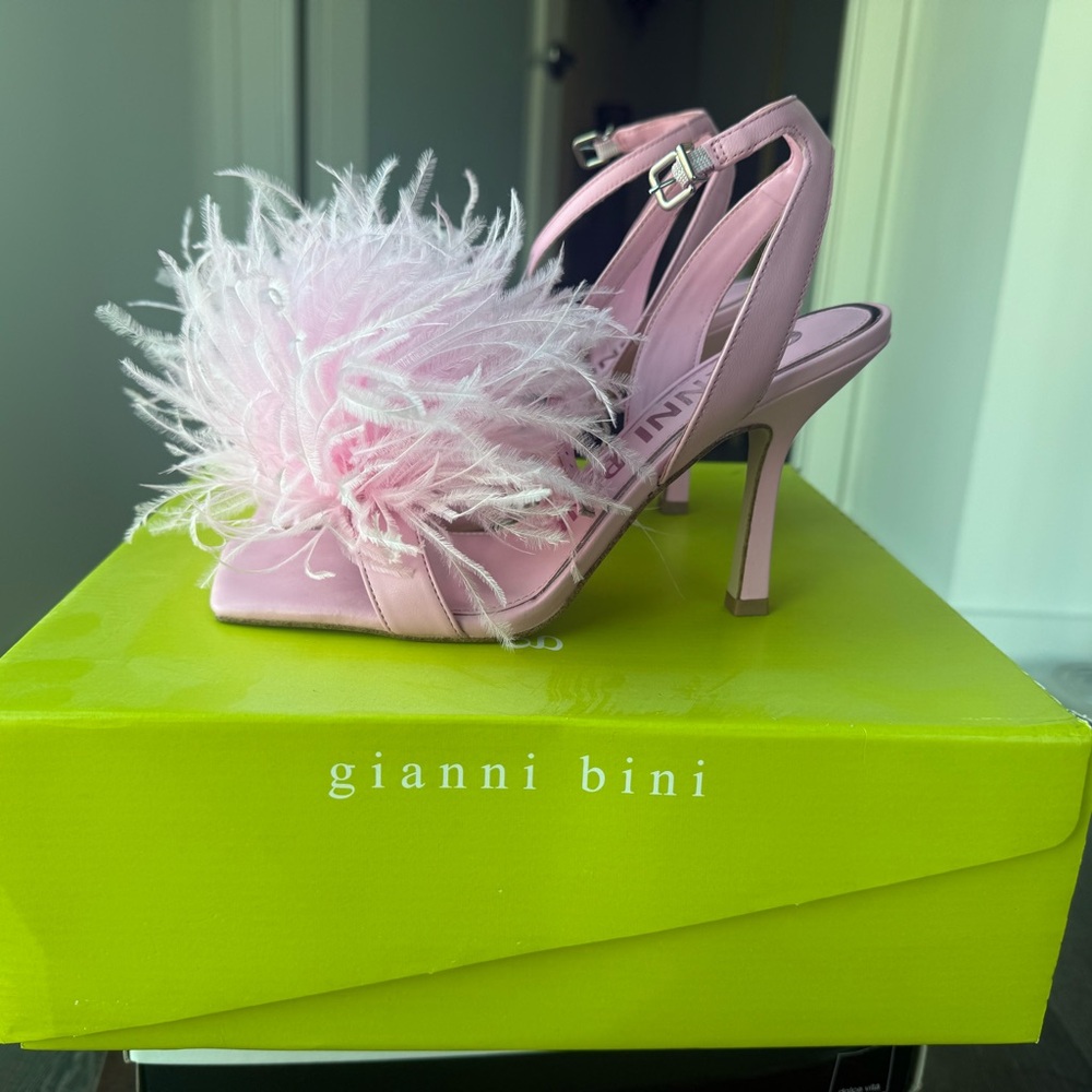 Gianni Bini Pink Marabou Feather Heels Size 8 Square Toe Leather Y2K 2000s - Picture 3 of 5